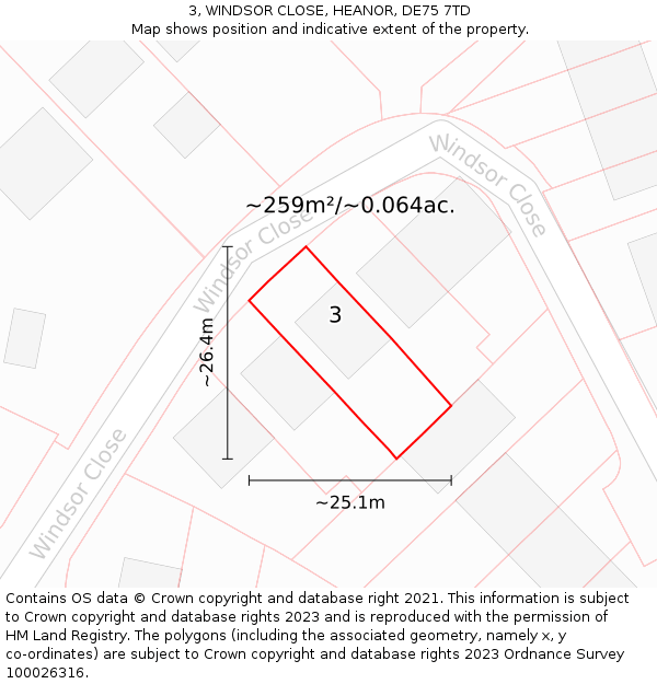 3, WINDSOR CLOSE, HEANOR, DE75 7TD: Plot and title map