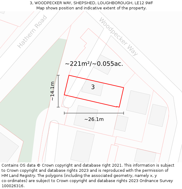 3, WOODPECKER WAY, SHEPSHED, LOUGHBOROUGH, LE12 9WF: Plot and title map