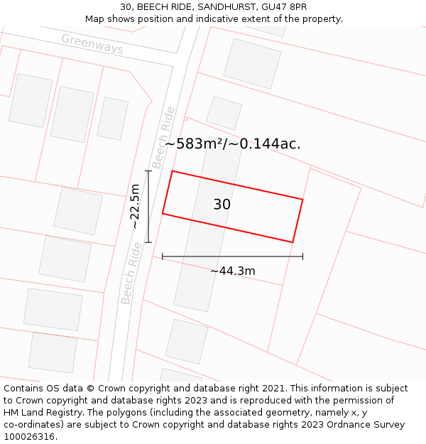 30, BEECH RIDE, SANDHURST, GU47 8PR: Plot and title map