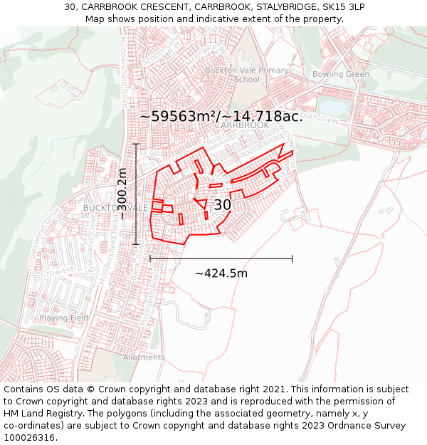 30, CARRBROOK CRESCENT, CARRBROOK, STALYBRIDGE, SK15 3LP: Plot and title map