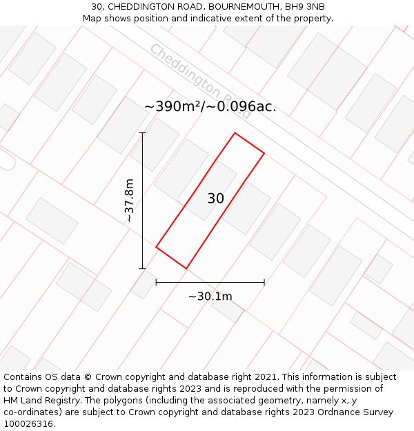 30, CHEDDINGTON ROAD, BOURNEMOUTH, BH9 3NB: Plot and title map