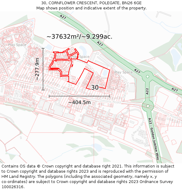 30, CORNFLOWER CRESCENT, POLEGATE, BN26 6GE: Plot and title map