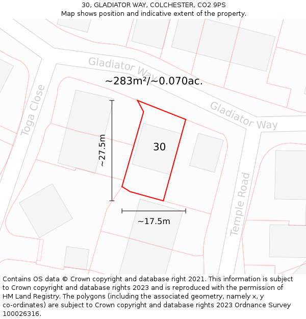 30, GLADIATOR WAY, COLCHESTER, CO2 9PS: Plot and title map