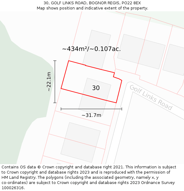 30, GOLF LINKS ROAD, BOGNOR REGIS, PO22 8EX: Plot and title map