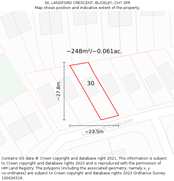 30, LANGFORD CRESCENT, BUCKLEY, CH7 2PR: Plot and title map