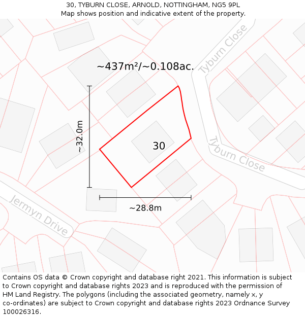 30, TYBURN CLOSE, ARNOLD, NOTTINGHAM, NG5 9PL: Plot and title map
