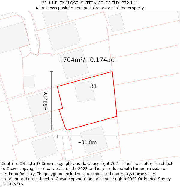 31, HURLEY CLOSE, SUTTON COLDFIELD, B72 1HU: Plot and title map