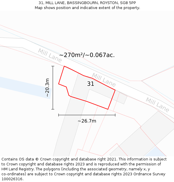 31, MILL LANE, BASSINGBOURN, ROYSTON, SG8 5PP: Plot and title map
