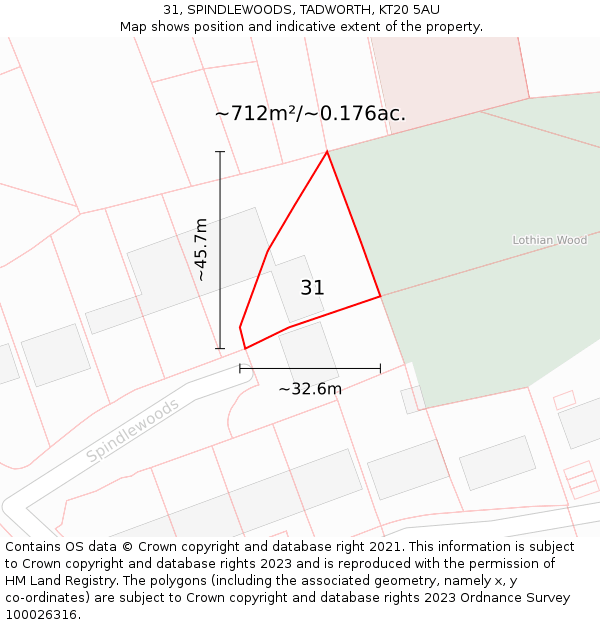 31, SPINDLEWOODS, TADWORTH, KT20 5AU: Plot and title map