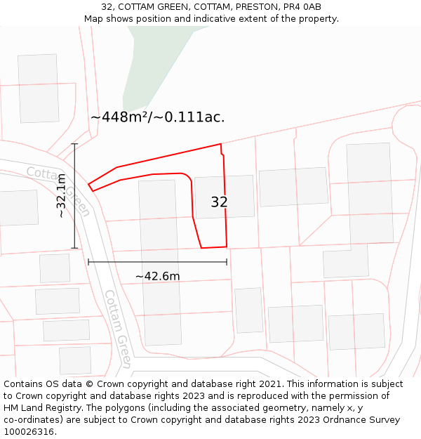 32, COTTAM GREEN, COTTAM, PRESTON, PR4 0AB: Plot and title map