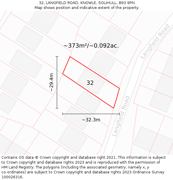 32, LANGFIELD ROAD, KNOWLE, SOLIHULL, B93 9PN: Plot and title map