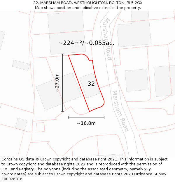 32, MARSHAM ROAD, WESTHOUGHTON, BOLTON, BL5 2GX: Plot and title map