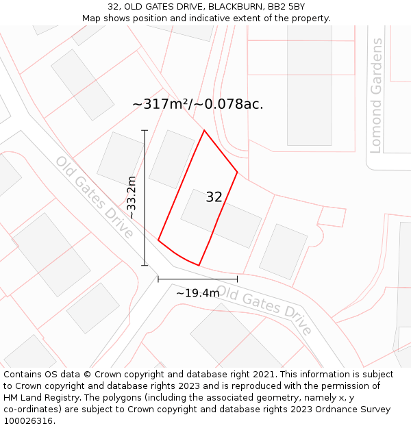 32, OLD GATES DRIVE, BLACKBURN, BB2 5BY: Plot and title map
