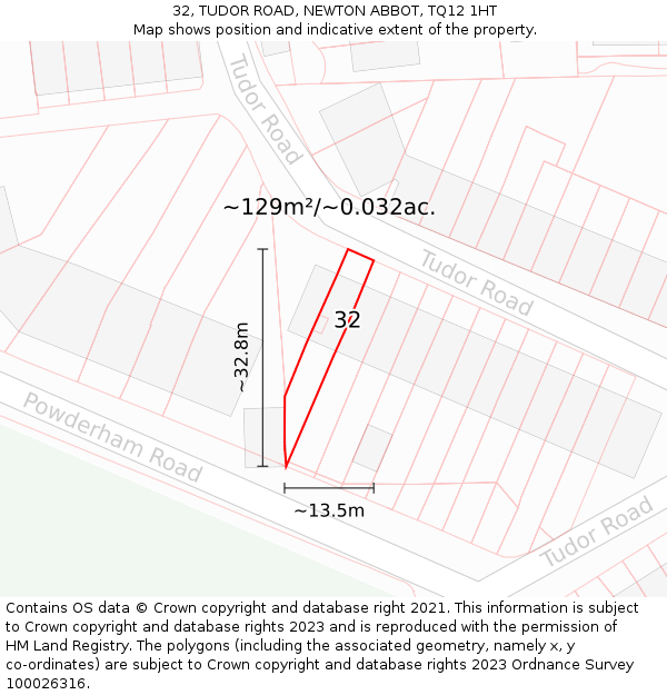 32, TUDOR ROAD, NEWTON ABBOT, TQ12 1HT: Plot and title map