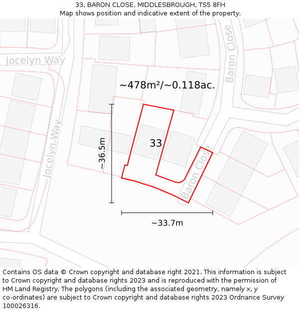 33, BARON CLOSE, MIDDLESBROUGH, TS5 8FH: Plot and title map