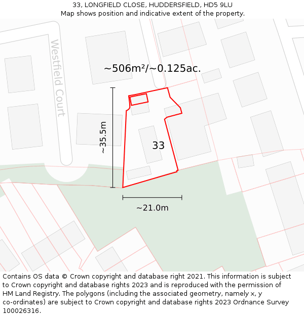 33, LONGFIELD CLOSE, HUDDERSFIELD, HD5 9LU: Plot and title map