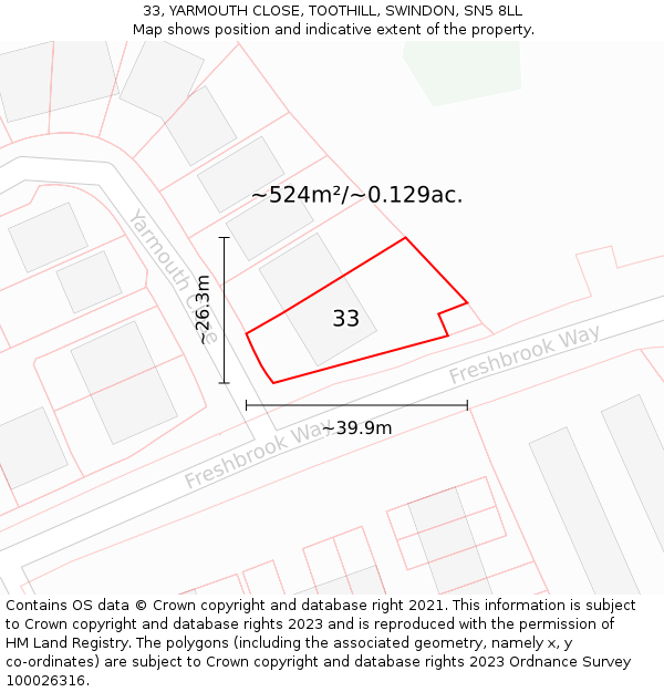 33, YARMOUTH CLOSE, TOOTHILL, SWINDON, SN5 8LL: Plot and title map