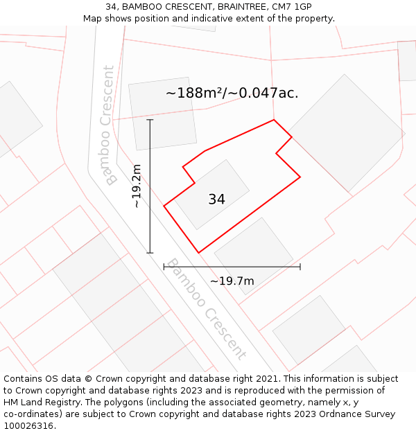 34, BAMBOO CRESCENT, BRAINTREE, CM7 1GP: Plot and title map