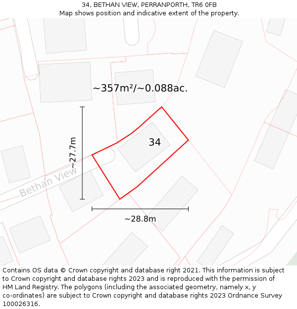 34, BETHAN VIEW, PERRANPORTH, TR6 0FB: Plot and title map
