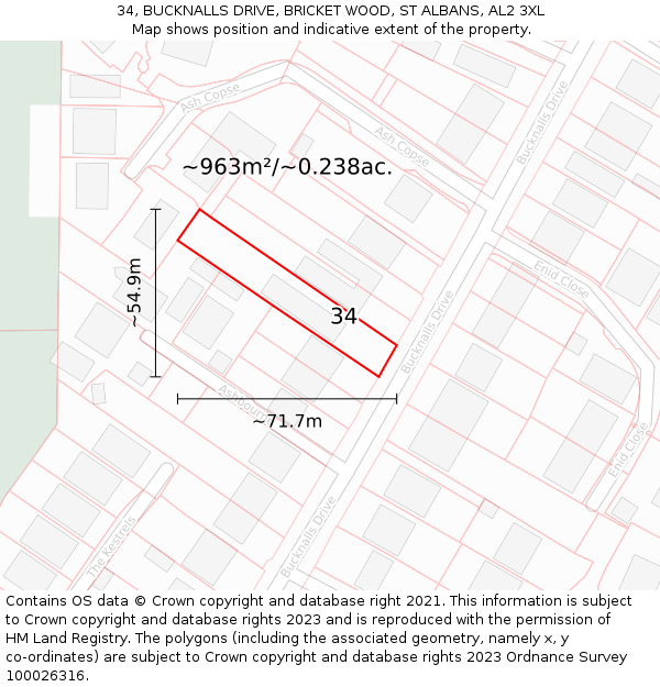 34, BUCKNALLS DRIVE, BRICKET WOOD, ST ALBANS, AL2 3XL: Plot and title map
