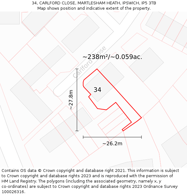34, CARLFORD CLOSE, MARTLESHAM HEATH, IPSWICH, IP5 3TB: Plot and title map