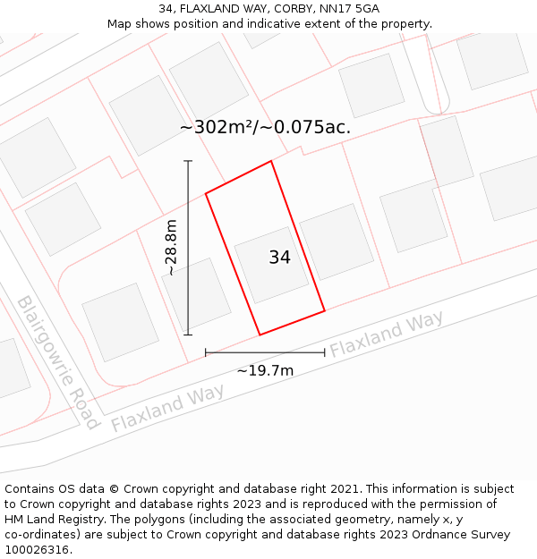 34, FLAXLAND WAY, CORBY, NN17 5GA: Plot and title map