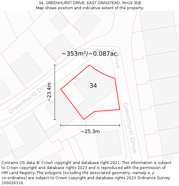34, GREENHURST DRIVE, EAST GRINSTEAD, RH19 3NE: Plot and title map