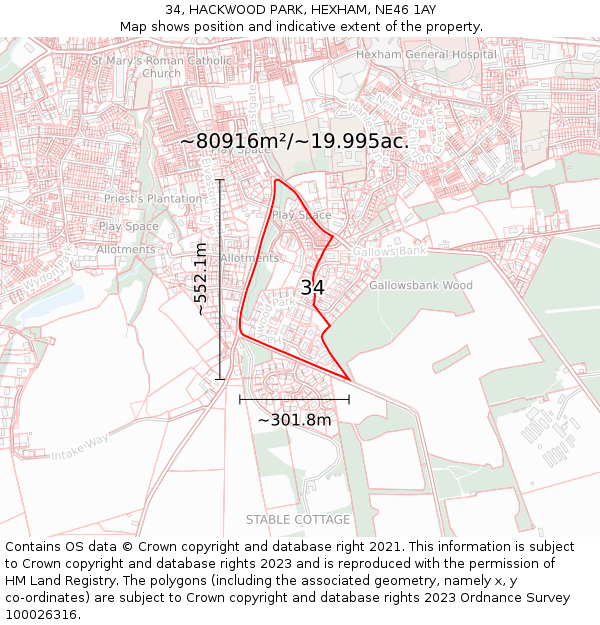 34, HACKWOOD PARK, HEXHAM, NE46 1AY: Plot and title map