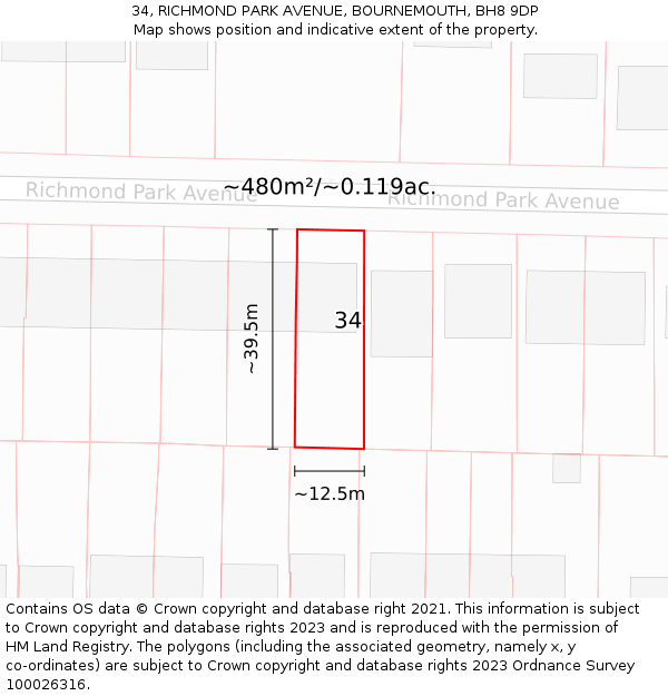 34, RICHMOND PARK AVENUE, BOURNEMOUTH, BH8 9DP: Plot and title map