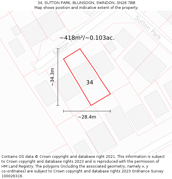 34, SUTTON PARK, BLUNSDON, SWINDON, SN26 7BB: Plot and title map