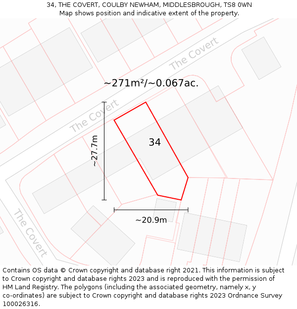 34, THE COVERT, COULBY NEWHAM, MIDDLESBROUGH, TS8 0WN: Plot and title map