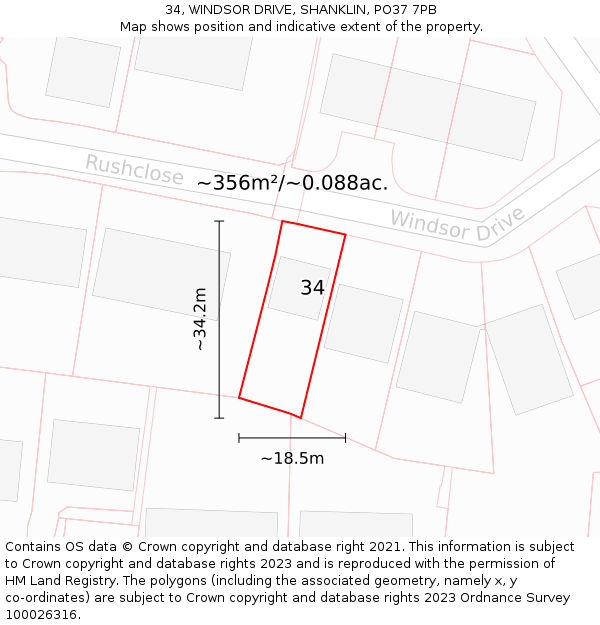 34, WINDSOR DRIVE, SHANKLIN, PO37 7PB: Plot and title map