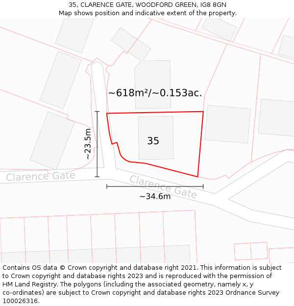 35, CLARENCE GATE, WOODFORD GREEN, IG8 8GN: Plot and title map