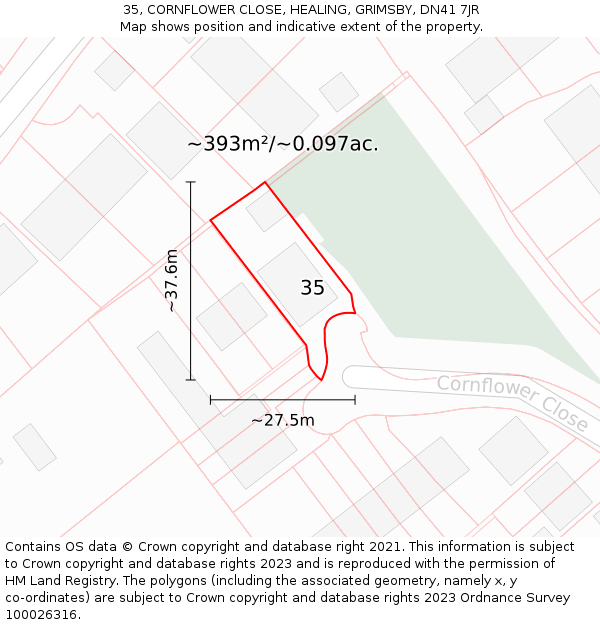 35, CORNFLOWER CLOSE, HEALING, GRIMSBY, DN41 7JR: Plot and title map