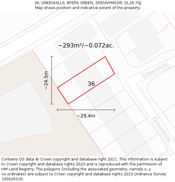 36, GREENHILLS, BYERS GREEN, SPENNYMOOR, DL16 7QJ: Plot and title map
