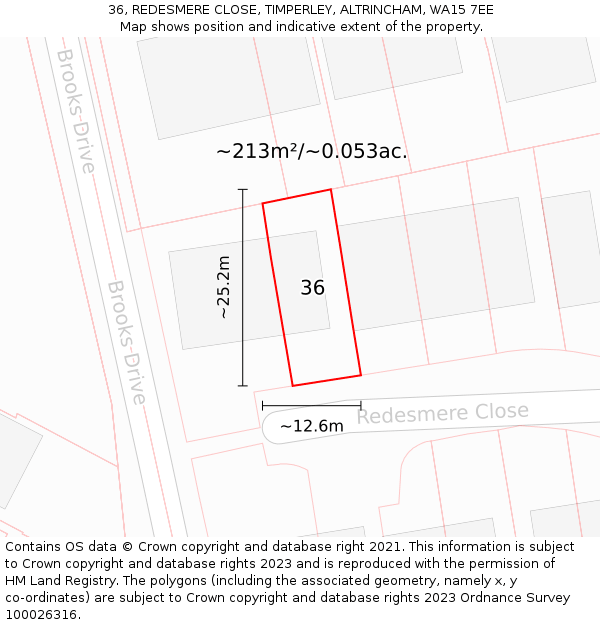 36, REDESMERE CLOSE, TIMPERLEY, ALTRINCHAM, WA15 7EE: Plot and title map