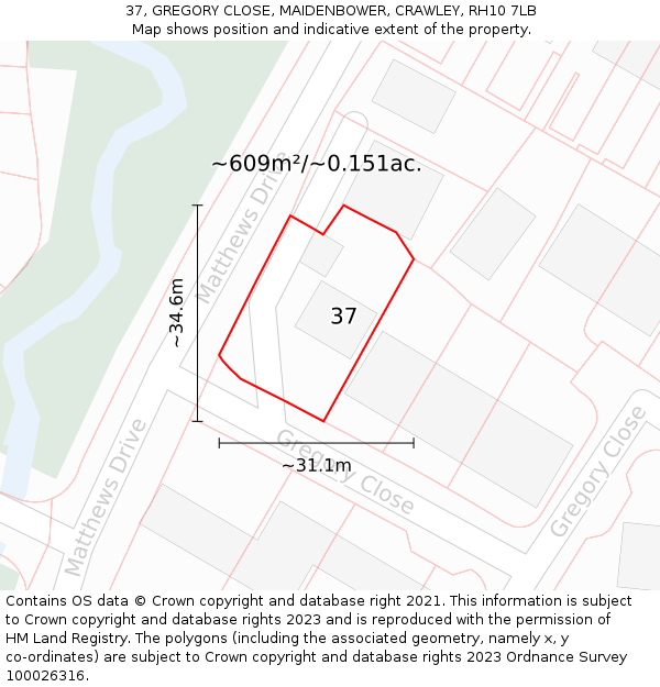 37, GREGORY CLOSE, MAIDENBOWER, CRAWLEY, RH10 7LB: Plot and title map