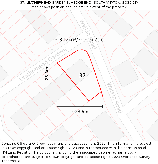 37, LEATHERHEAD GARDENS, HEDGE END, SOUTHAMPTON, SO30 2TY: Plot and title map