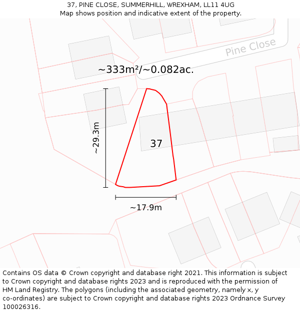 37, PINE CLOSE, SUMMERHILL, WREXHAM, LL11 4UG: Plot and title map