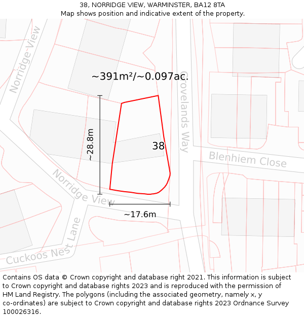 38, NORRIDGE VIEW, WARMINSTER, BA12 8TA: Plot and title map