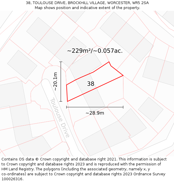 38, TOULOUSE DRIVE, BROCKHILL VILLAGE, WORCESTER, WR5 2SA: Plot and title map