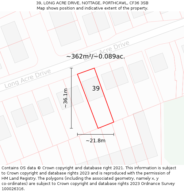 39, LONG ACRE DRIVE, NOTTAGE, PORTHCAWL, CF36 3SB: Plot and title map