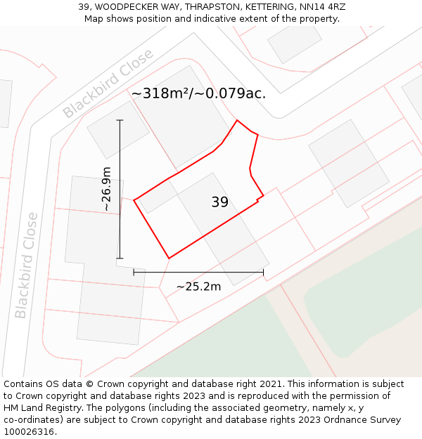 39, WOODPECKER WAY, THRAPSTON, KETTERING, NN14 4RZ: Plot and title map