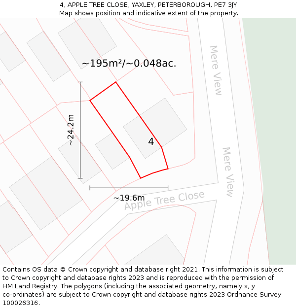 4, APPLE TREE CLOSE, YAXLEY, PETERBOROUGH, PE7 3JY: Plot and title map