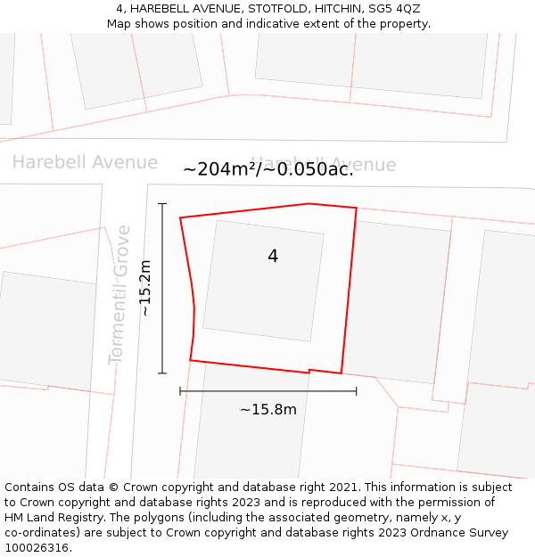 4, HAREBELL AVENUE, STOTFOLD, HITCHIN, SG5 4QZ: Plot and title map