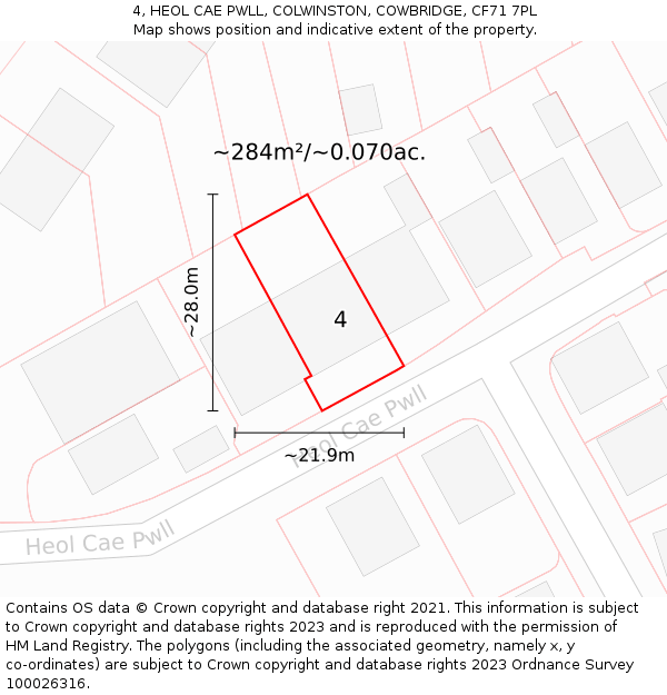 4, HEOL CAE PWLL, COLWINSTON, COWBRIDGE, CF71 7PL: Plot and title map