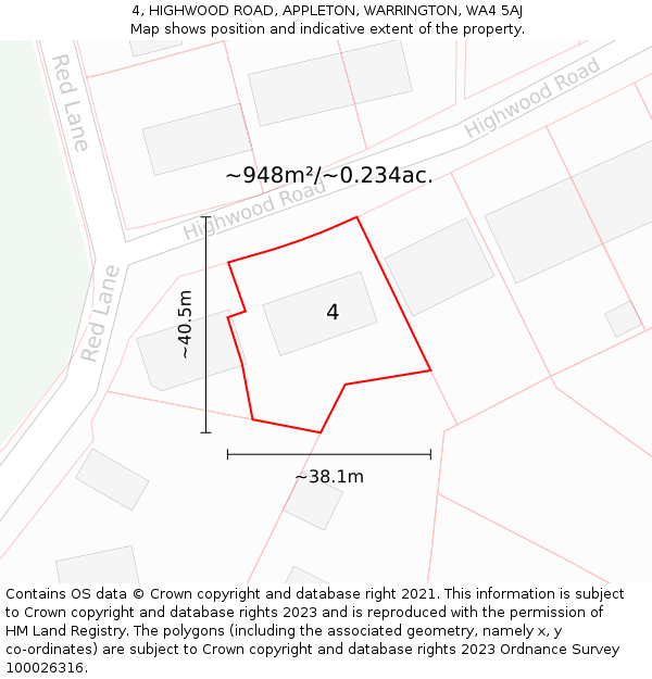 4, HIGHWOOD ROAD, APPLETON, WARRINGTON, WA4 5AJ: Plot and title map