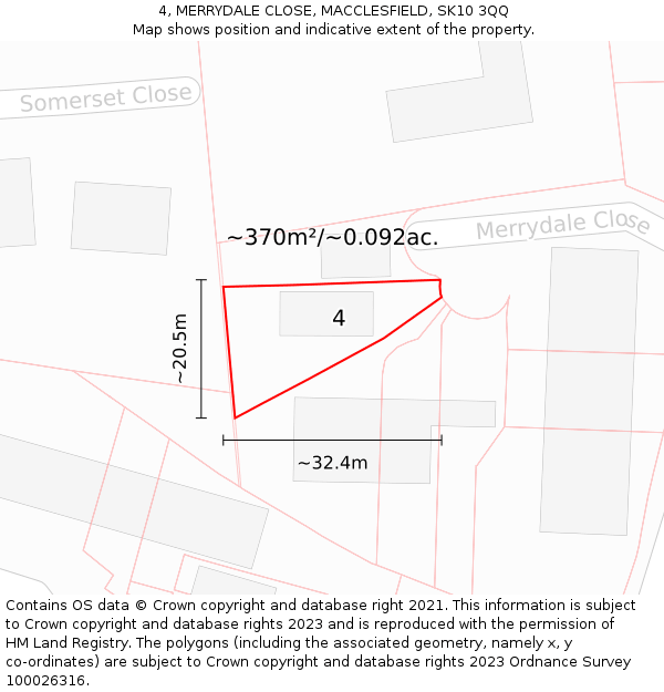 4, MERRYDALE CLOSE, MACCLESFIELD, SK10 3QQ: Plot and title map