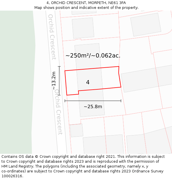 4, ORCHID CRESCENT, MORPETH, NE61 3FA: Plot and title map