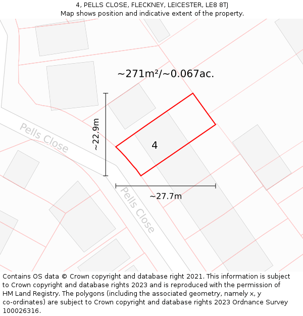 4, PELLS CLOSE, FLECKNEY, LEICESTER, LE8 8TJ: Plot and title map